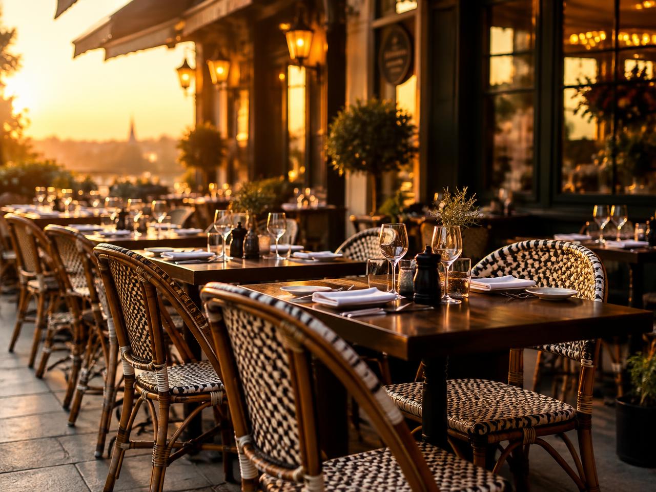 Uteservering med parisstolar och bord för café och restaurang